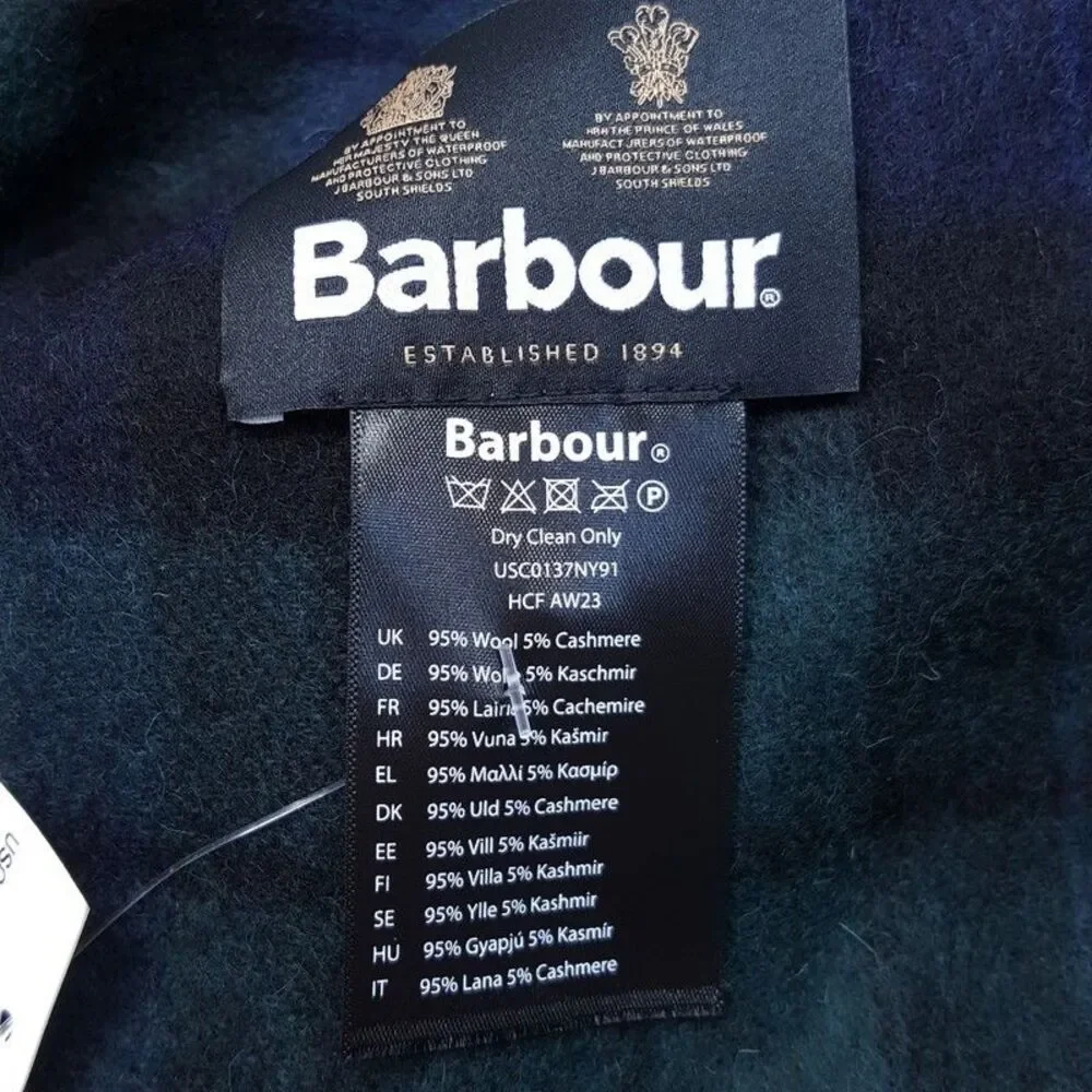 BARBOUR Mens Scarf Blue Green Tartan Plaid Blackwatch Fringe Lambswool Cashmere